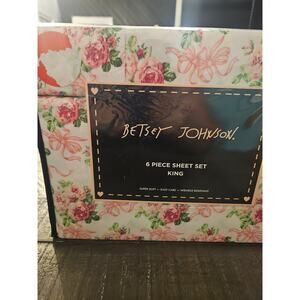 Betsey Johnson 6 piece king sheet set forever rose bow pink ribbon NIP